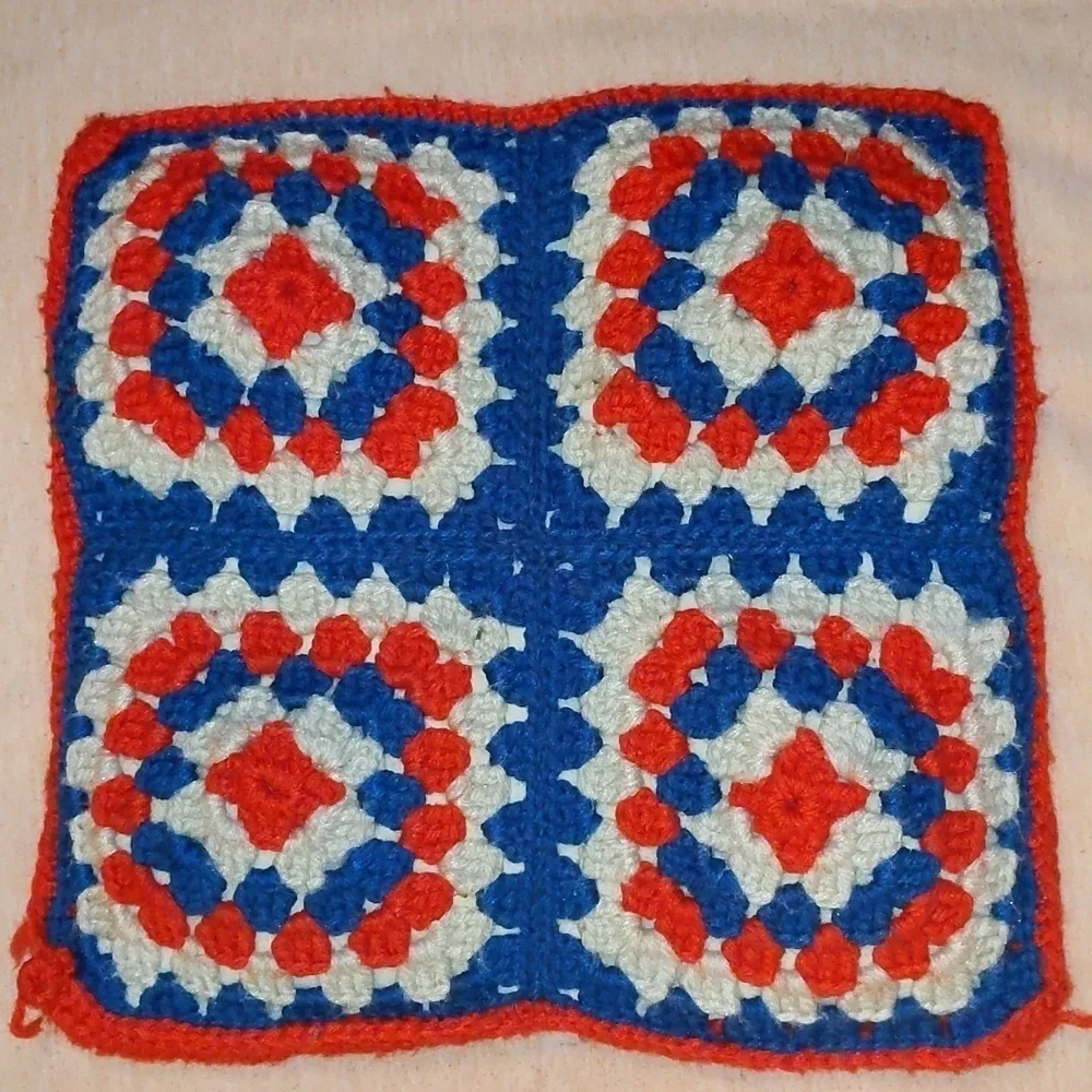 Vintage crochet pillow and Afghan. Red, white, and blue